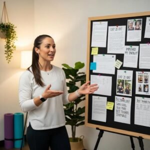 Fitness professional sharing client testimonials in a cozy setting