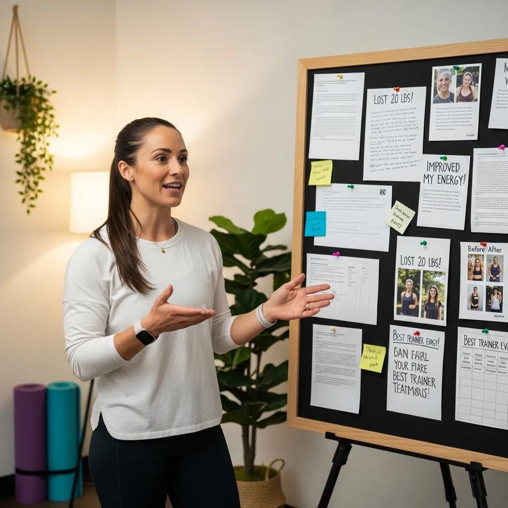 Fitness professional sharing client testimonials in a cozy setting