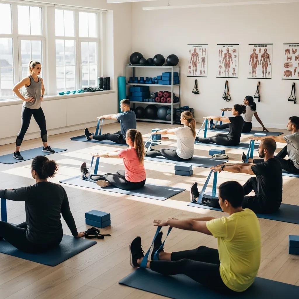 Workshop scene with a fitness expert leading a group in stretch therapy exercises, highlighting engagement and learning